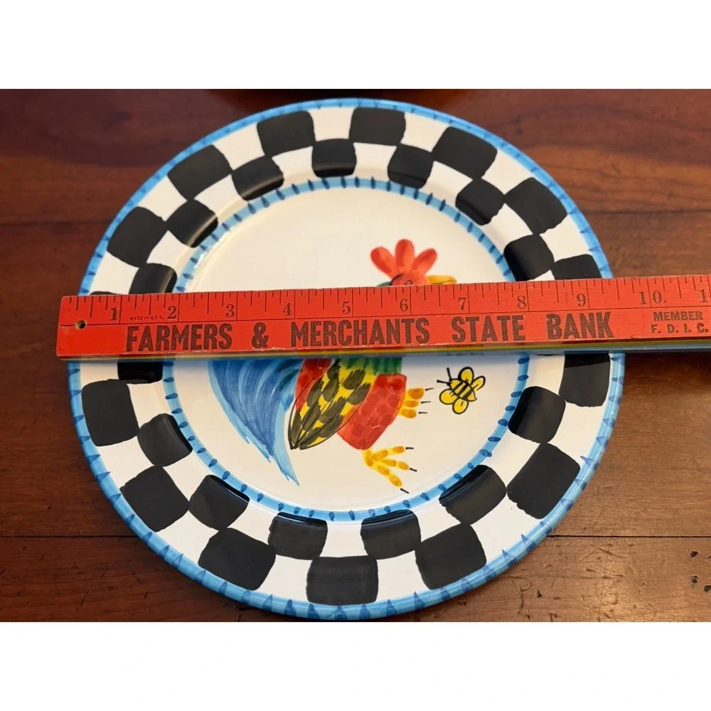 Set of 2 Present Tense Anne Hathaway Rooster Plates Black White Checker Rim - Picture 2 of 3